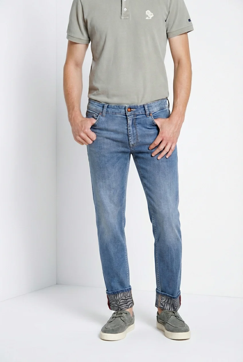 Harris pantalone 5 tasche uomo in denim con stampa foglie regular fit