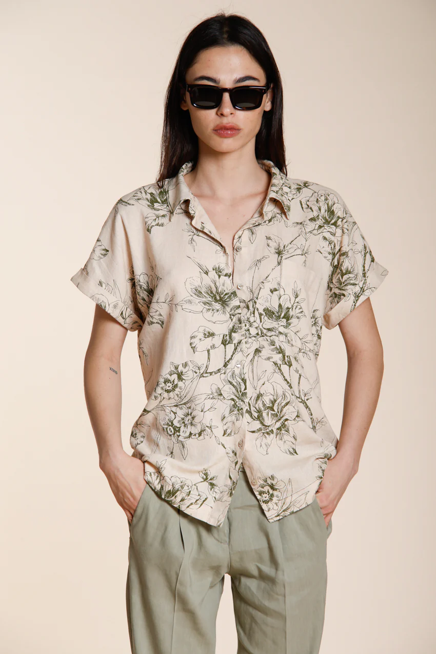Livia camicia donna a manica corta in tela misto lino e viscosa fantasia a fiori - Image 2